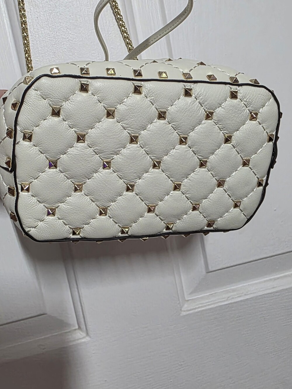 Off White Quilted Studded Drawstring Shoulder Bag - Picture 11 of 13